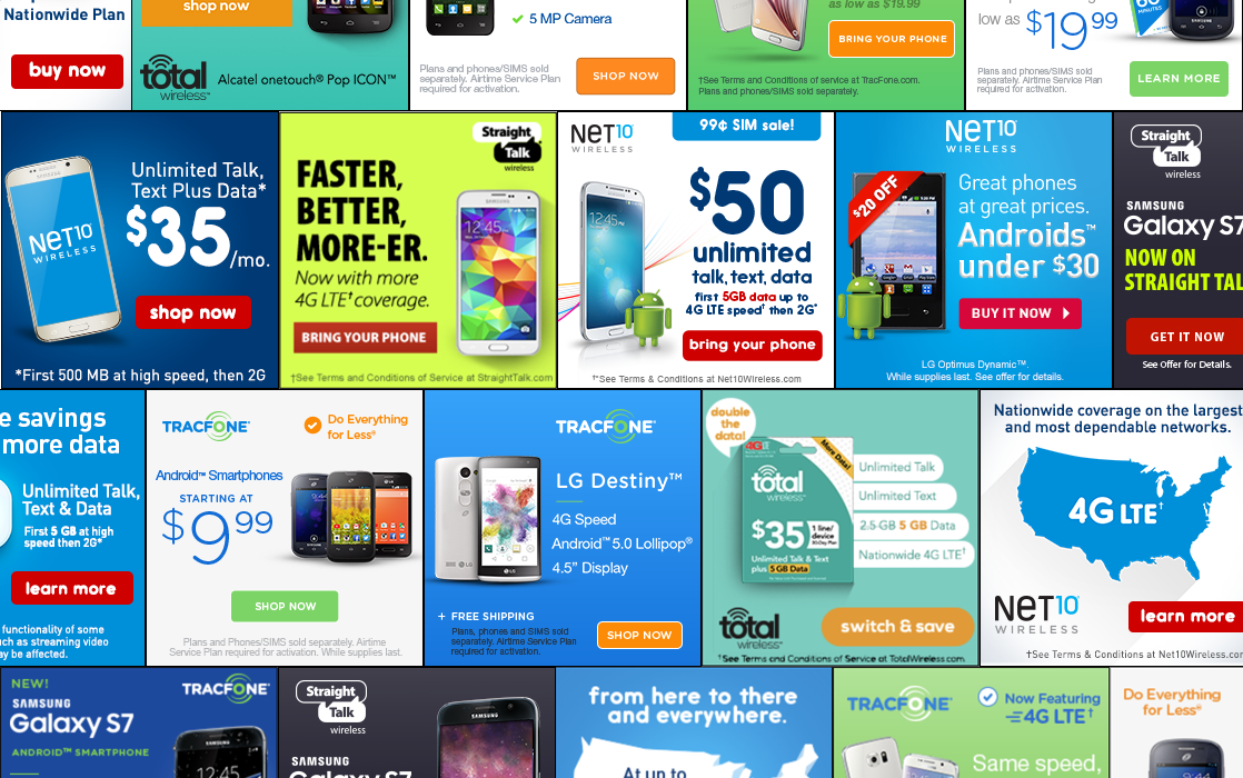 Collage of HTML5 banner ads built for the Tracfone brands