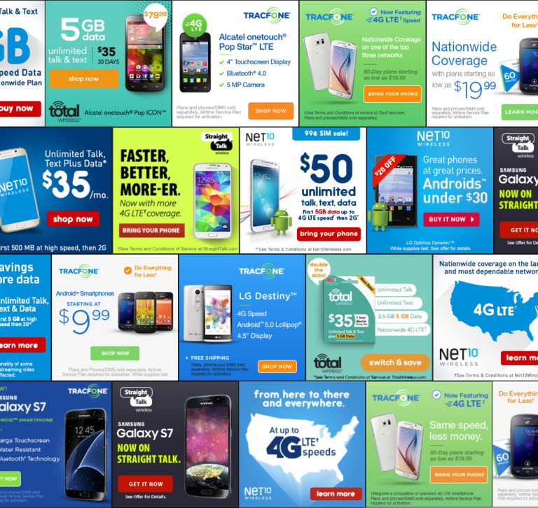 Collage of HTML5 banner ads built for the Tracfone brands